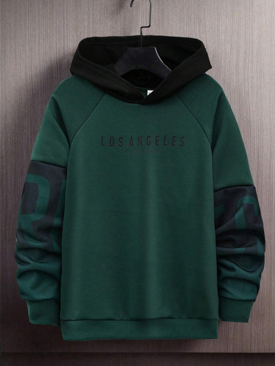 Tween Boys' Color Block Los Angeles Style Casual Drawstring Sweatshirt, Loose Fit, Suitable For Autumn - Dark Green - View 1