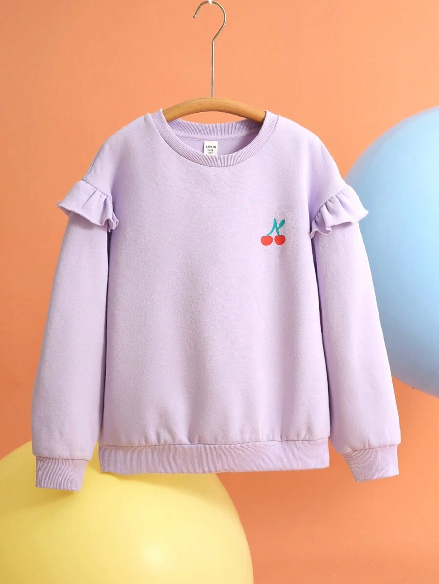 SHEIN Tween Girl Purple Cherry Blossom Print Ruffle Hem Round Neck Loose Fit Long Sleeve Sweatshirt, Autumn/Winter - Purple - View 1