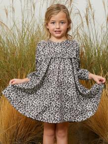 Animal Planet X SHEIN Rochie cu mâneci lungi, cu mâneci lungi, cu volante, cu imprimeu leopard, potrivită pentru toate anotimpurile