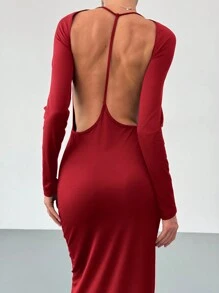 Aloruh Women's Autumn/Winter New Arrival Sexy Elegant Open Back Detail Party Tight-Fitting Dress - Red - View 5