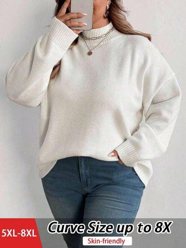 SHEIN CURVE+ Plus Size Simple Mock Neck Solid Color Pullover Sweater, For Winter Knit Pullover Fall Outfit