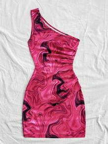 Soleia 女士度假风波浪印花单肩褶皱腰身修身迷你连衣裙，适合分层穿着或派对穿着，秋冬季 - 彩色 - 查看 2