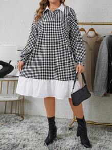 SHEIN LUNE Robe décontracté à manches longues pour femmes grandes tailles, à col contrastant en pied-de-poule. Robes pour l'automne, la Saint-Valentin, les fêtes, le quotidien, les vacances et les sorties en boîte - Multicolore - Voir 6