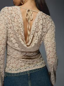 MISSGUIDED Sheer Lace Flared Long Sleeves Cowl Back Top - Camel - View 5