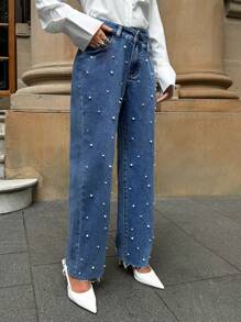 Forever 21 女士不对称腰带仿珍珠装饰口袋直腿休闲牛仔裤 - 藍色 - 查看 4