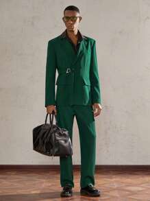 AKNOTIC Party 2pcs Loose Fit Wide Strap Long Sleeve Casual Suit Set, Suitable For Autumn/Winter - Dark Green - View 1