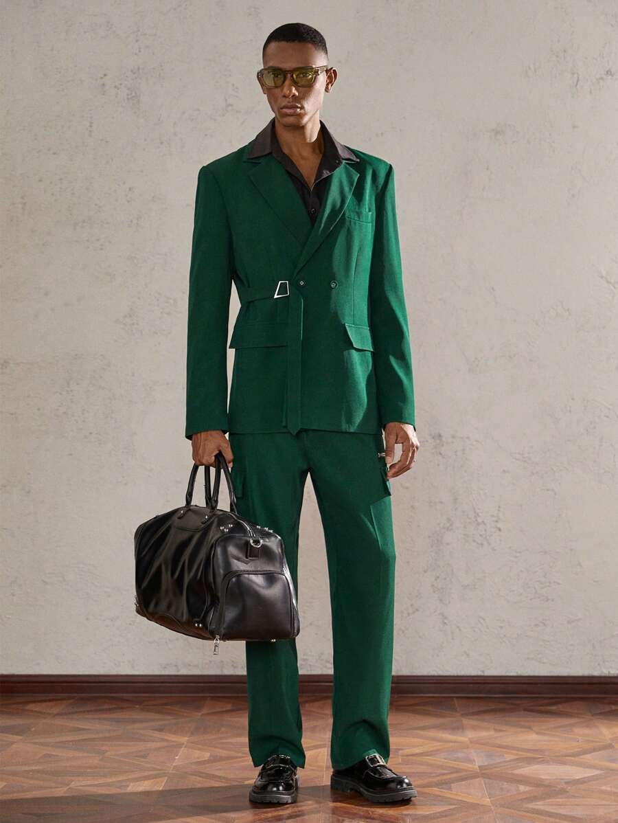 AKNOTIC Party 2pcs Loose Fit Wide Strap Long Sleeve Casual Suit Set, Suitable For Autumn/Winter - Dark Green - View 1