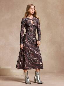 SHEIN Unity Women's Knitted Geo-Patterned Long Dress Maxi Women Outfit - Brown - View 5