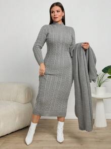 EURMUSE 大码女式纯色落肩长袖长开衫和立领无袖毛衣连衣裙套装，秋冬 - 灰色 - 查看 4