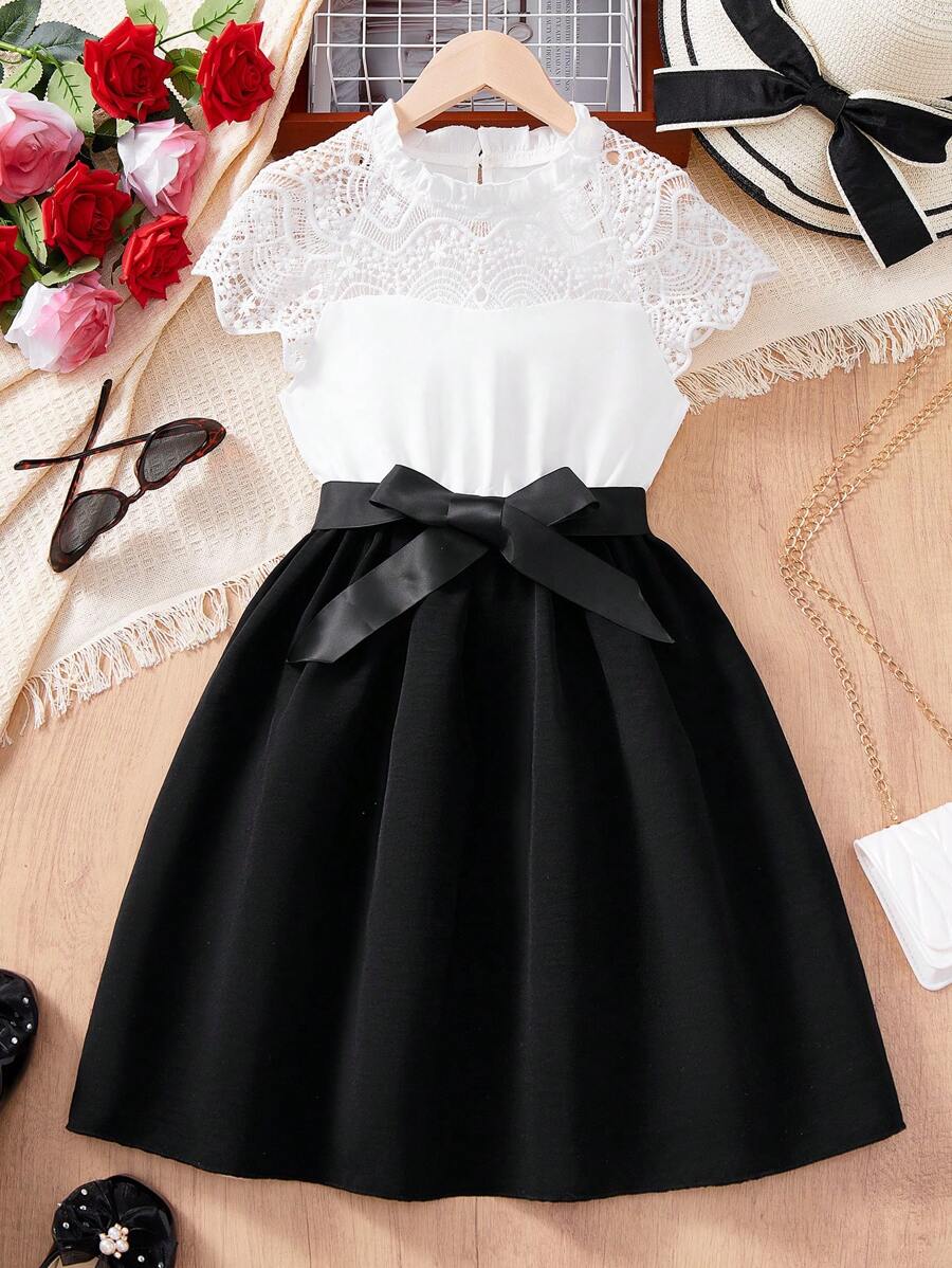Tween Girls' Color Block Contrast Lace Round Neck Short Sleeve Waist Bow Decor Contrast Color Dress - Black - View 1