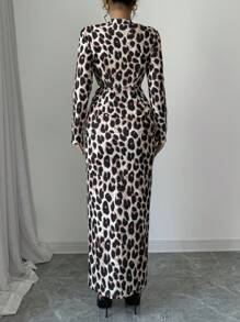 Chiquease V-Neck Long Sleeve Sexy Leopard Print Bodycon Dress, Slim Fit Slit Design, Fashion Maxi Women Outfit Fall Cloth For Women