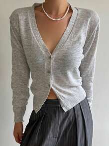DAZY Women V-Neck Solid Color Cardigan Sweater, Spring/Autumn - Grey - View 3