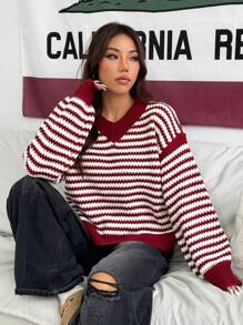 Flirla V-Ausschnitt lässiger farbblockiger gestreifter loser Strickpullover für Frauen