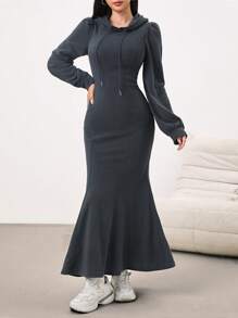 Mulvari 女士纯色长袖休闲连帽长连衣裙 - 深灰色 - 查看 4