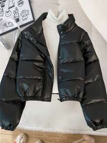 SHEIN 少女 Y2K 风格黑色时尚百搭四扣立领加厚夹克，PU 材质，适合外套、纽扣开衫、运动服、休闲、夹克、皮革、返校 - 黑色 - 查看 3