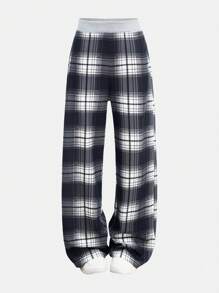 Tween Girls' Black Waistband Contrast Plaid Pattern Loose Pants - Black - View 1