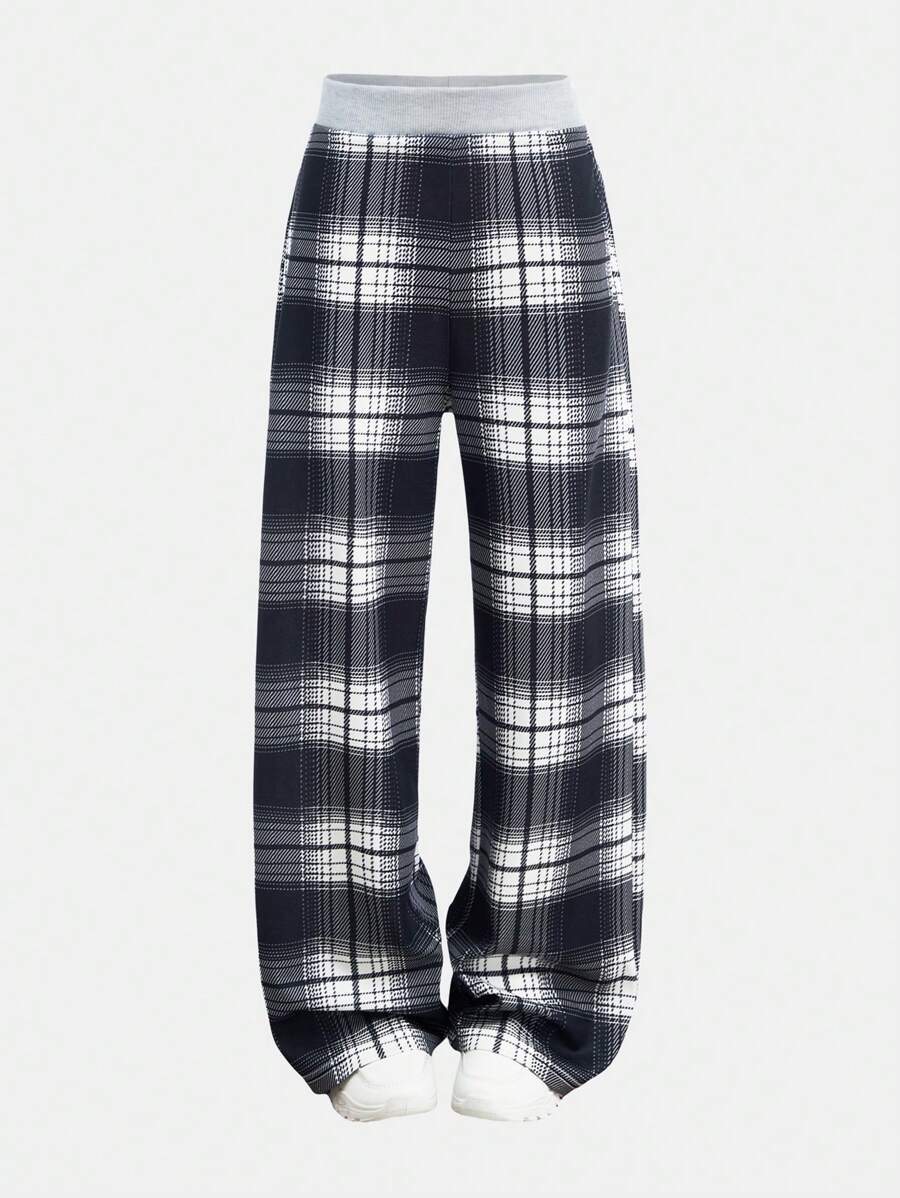 Tween Girls' Black Waistband Contrast Plaid Pattern Loose Pants - Black - View 1
