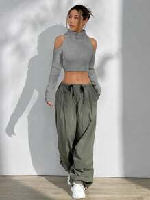 SHEIN Unity Suéter de mujer con hombros abiertos, de estilo minimalista de cuello alto, de punto, para uso casual y diario en otoño e invierno - Gris Claro - Ver 6