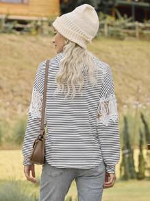 LanaWest Women's Autumn Patchwork Striped Long Sleeve Hooded Loose Casual Sweatshirt Pullover Fall - White - View 2
