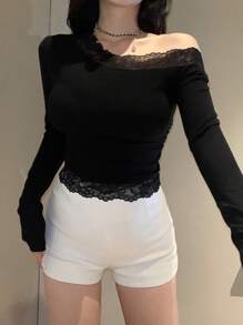 DAZY 女式蕾丝撞色不对称领口长袖T恤，秋季女装