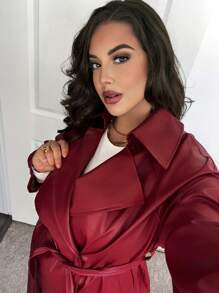 SHEIN Privé Plus Size Women Black PU Windbreaker Jacket, Simple And Fashionable For Autumn/Winter