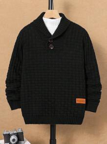 青少年男孩休闲半拉链套头长袖针织毛衣 - 黑色 - 查看 1