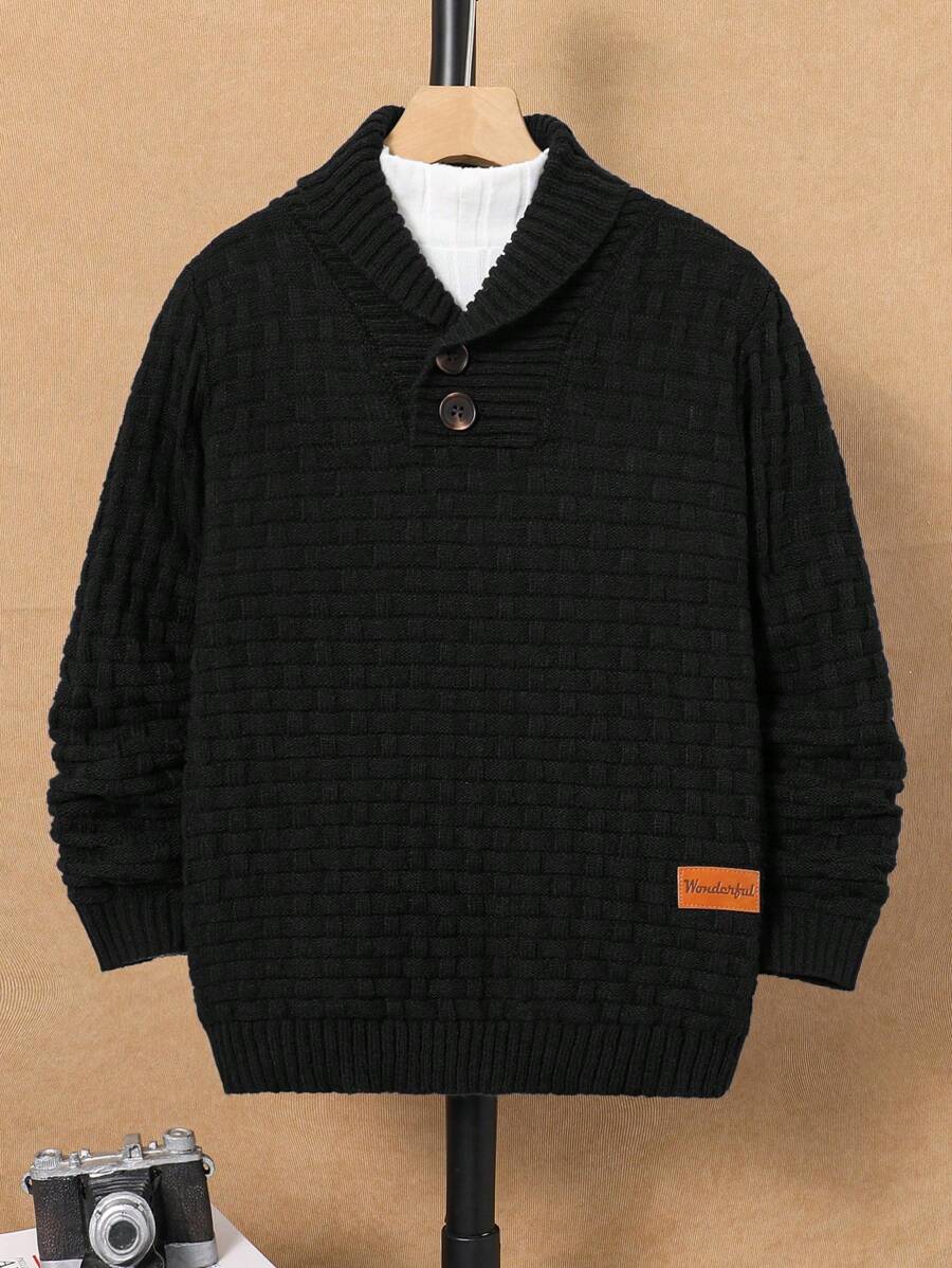 青少年男孩休闲半拉链套头长袖针织毛衣 - 黑色 - 查看 1