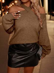 SHEIN Clasi Suéter de punto casual de manga larga con hombros abiertos para mujer de talla grande, suéter de punto de otoño/invierno