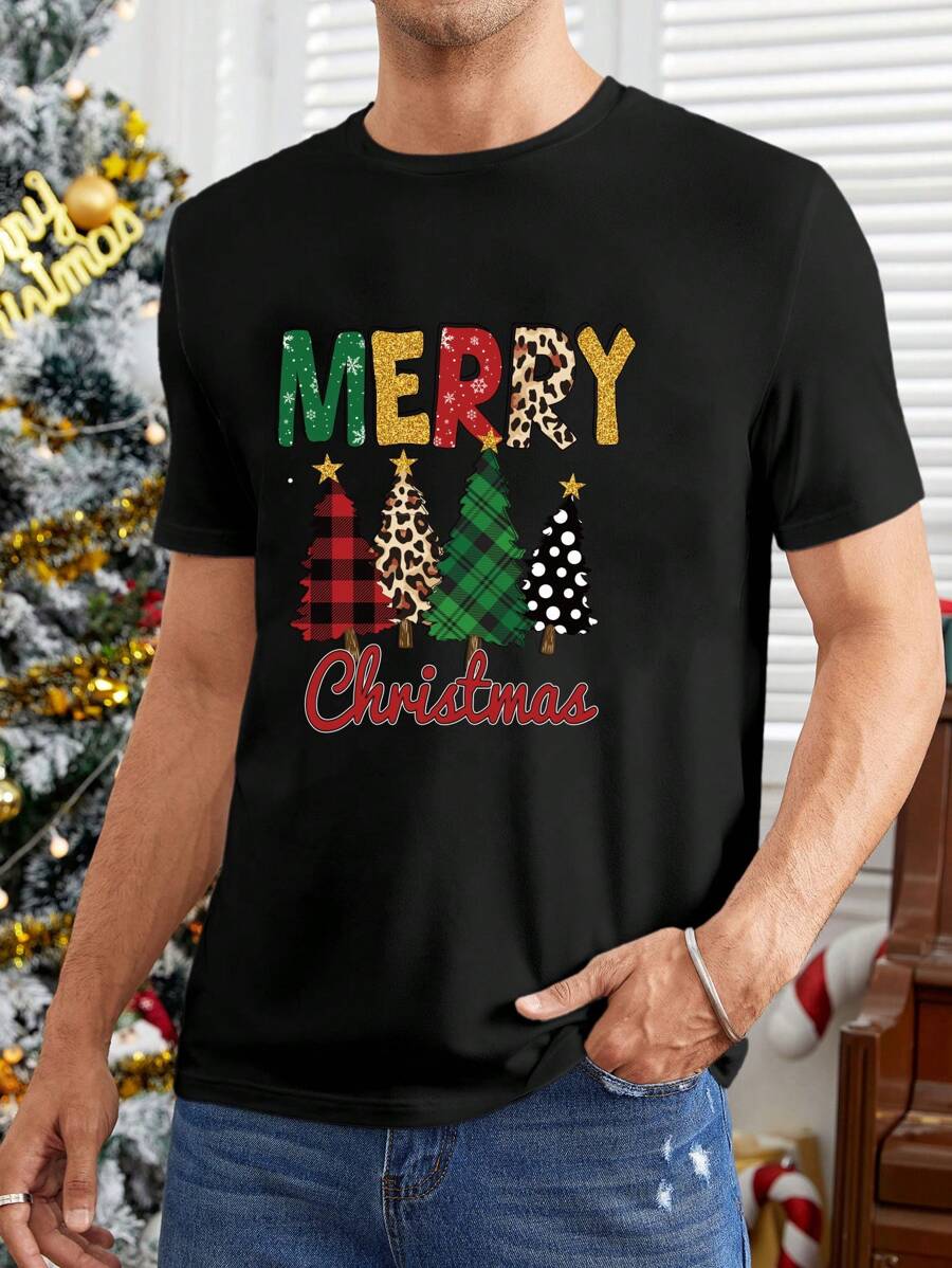 Manfinity Homme 男士圣诞 T 恤，适合家庭、情侣和派对 - 黑色 - 查看 1