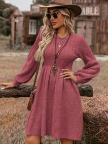 SHEIN VCAY Vestido de punto suelto casual de mujer con cintura ajustada y dobladillo acampanado, cuello redondo, adecuado para vacaciones, otoño/invierno