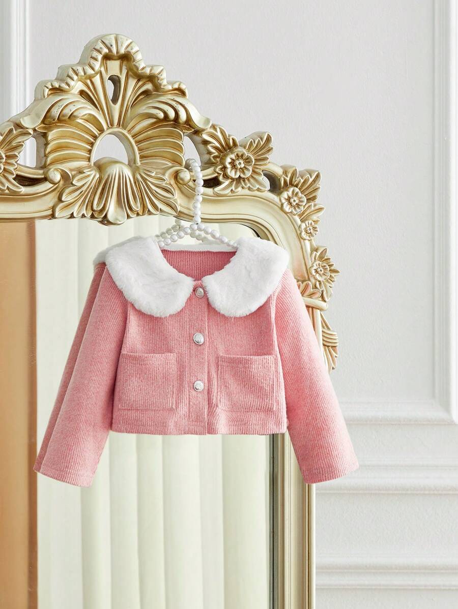 SHEIN Baby Girls' Spring & Autumn Cute Solid Color Furry Collar Cardigan Jacket, Soft And Gentle Fabric, Simple Slim Fit, Suitable For Outings, Daily Wear, Sports And Parties. This Cardigan Is Not Only Warm And Comfortable, But Also Highlights The Adorable Elegant Of The Little Princess. A Fashionable Item In The Wardrobe For The Spring & Autumn Seasons, Let The Baby Showcase Elegance And Vitality In Any Occasion.