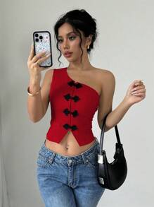 Gloray 1pc Asymmetric Hem Snap Button Front Sleeveless Top For New Year Clothes - Red - View 6