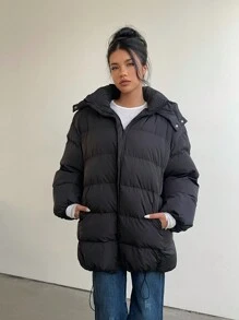 Aloruh 女士时尚厚连帽棉质中长外套，黑色 - 黑色 - 查看 6