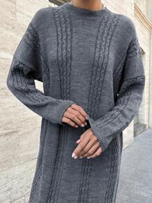 EURMUSE Crew Neck Cable Knit Long Sleeve Sweater Dress
