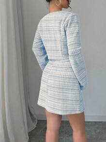 Selianne Women's Plaid Print Button Front Long Sleeve Jacket & Round Neck Sleeveless Dress Elegant 2 Pieces Set