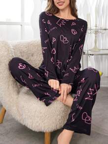 Heart Crown Sketch Design Women 2 Pieces Pajama Set, Fall Winter Clothes Cozy And Elegant Details - Multicolor - View 2