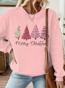 INAWLY 女士圣诞树图案宽松超大圆领落肩运动衫，纹理面料，秋冬款 - 粉色 - 查看 3