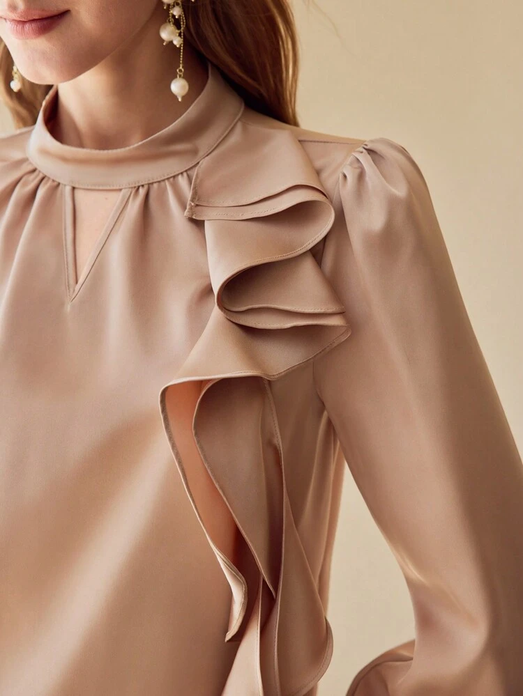 SATIN RUFFLE TRIM KEYHOLE NECKLINE BLOUSE
