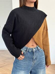 SHEIN Teen Girl's Casual/Autumn/Winter/Black And Brown Two-Color Overlapping Hem Sweater