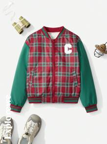 SHEIN 1pc Boys/Teens' Padded Bomber Jacket, Plaid Patchwork Letter Badge Design, Warm & Comfortable For Casual, City, Outdoor, Sports, School, Gathering Etc. Suitable For Autumn/Winter