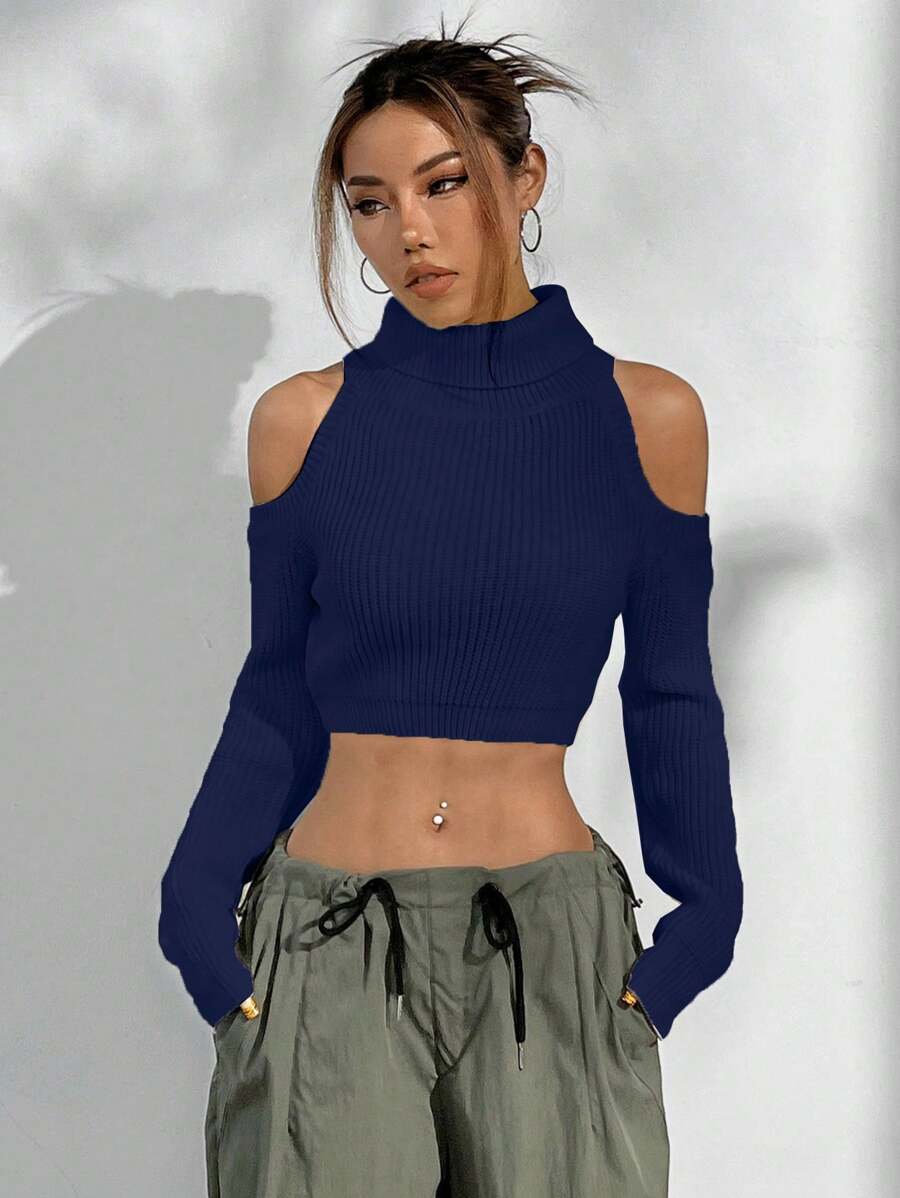 SHEIN Unity Áo len hở vai thời trang dành cho nữ, cổ cao đơn giản, phong cách tối giản, mặc hàng ngày, áo chui đầu dệt kim thu đông - Màu xanh hải quân - Xem 1