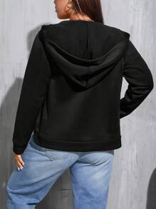 SHEIN Essnce Plus Size Casual Solid Color Zip Up Sweatshirt, For Autumn/Winter - Black - View 2
