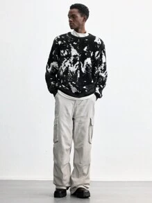 Maija 2025 New Men's Loose Fit Thickened Pullover Sweater, Black & White Color-Block, Casual Wear For Christmas, New Year, Valentine's Day, Daily Life