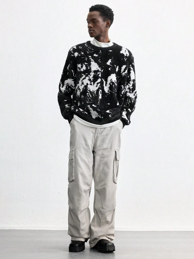 SHEIN Maija 2025 New Men's Loose Fit Thickened Pullover Sweater, Black & White Color-Block, Casual Wear For Christmas, New Year, Valentine's Day, Daily Life
