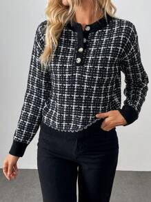 SHEIN LUNE Jersé informal y holgado de cuello redondo, manga larga, textura cálida, diseño en blanco y negro, adecuado para mujer en otoño e invierno