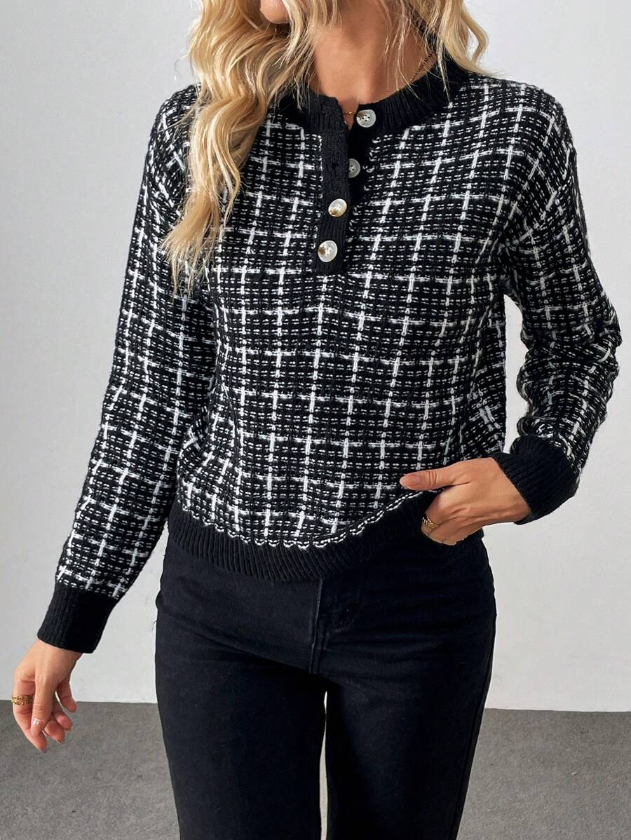 SHEIN LUNE Jersé informal y holgado de cuello redondo, manga larga, textura cálida, diseño en blanco y negro, adecuado para mujer en otoño e invierno