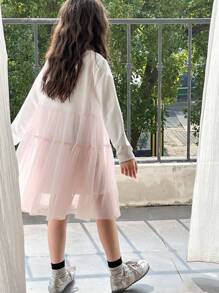 DAZY 2pcs/Set Tween Girl Round Neck Long Sleeve Printed Simple Dress & Sleeveless Mesh Dress,Back To School Clothes - White - View 4