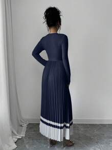 Elenzga V-Neck Pleated Color Block A-Line Everyday Elegant Vintage Dress Maxi Women Outfit