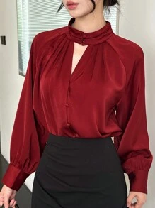 DAZY 女式套头衫优雅纯色衬衫，简约休闲日常穿着，秋季服装 - 酒紅色 - 查看 2