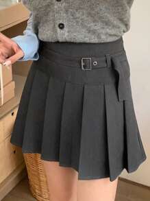 DAZY Women Plain Pleated Simple Short Grey Mini Skirt, Casual Fall Skirts